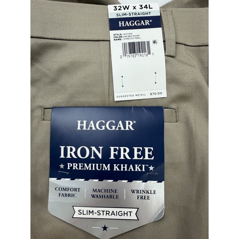 $70 NEW HAGGAR Mens 32x34 Beige Cotton Slim Straight Premium Khaki Chino Pants - Picture 2 of 7